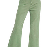 Acid Wash High-Waist Frayed Hem Bootcut Pants in Olive
