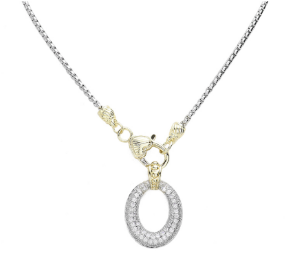 14K Gold Plated Two Tone CZ Stone Paved Open Oval Pendant Necklace