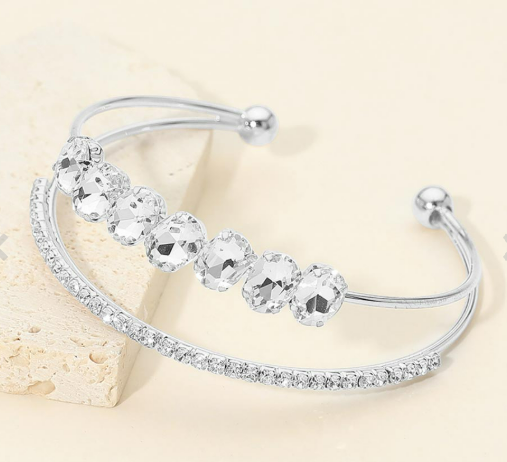 Oval CZ Cluster Accent Double Row Adjustable Evening Cuff Bracelet