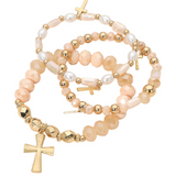 Brown & Gold 3-Piece Cross Charm Pearl Faceted Beaded Stretch Multi Layered Bracelets (Copy)