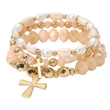 Brown & Gold 3-Piece Cross Charm Pearl Faceted Beaded Stretch Multi Layered Bracelets (Copy)