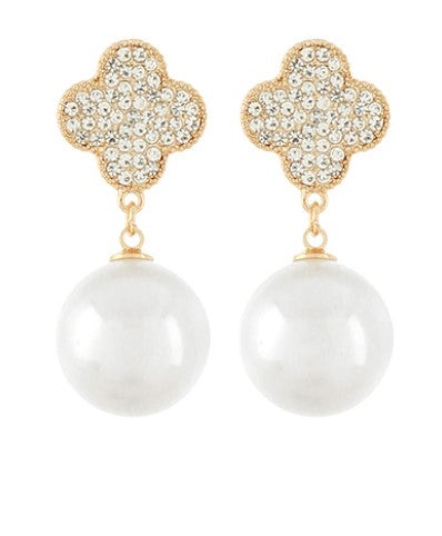 Rhinestone Clover Pearl Drop Earring