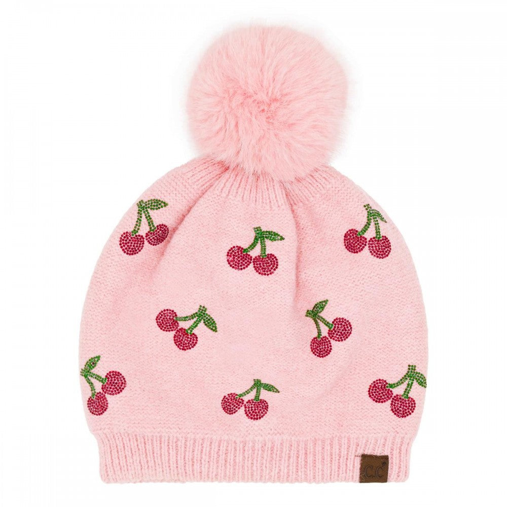 Cherry Rhinestone Pompom Beanie