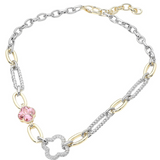 14K Gold Plated CZ Pave Pink Clover Accent Mixed Link Statement Necklace