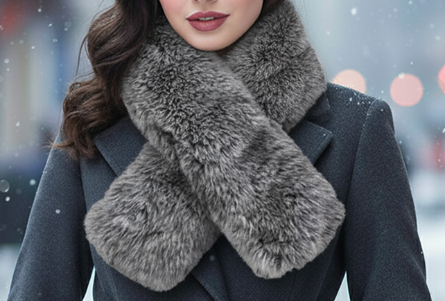 Plush Grey Faux Fur Winter Scarf