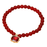 Red Faceted Rectangular Charm Round Beaded Stretch Bracelet