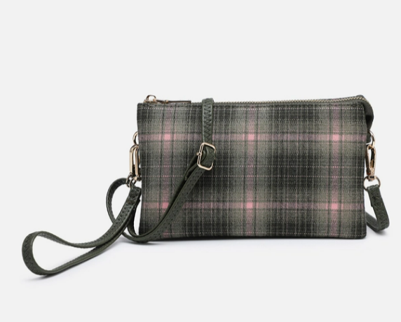 Riley Olive & Pink Plaid 3 Compartment Crossbody/Wristlet