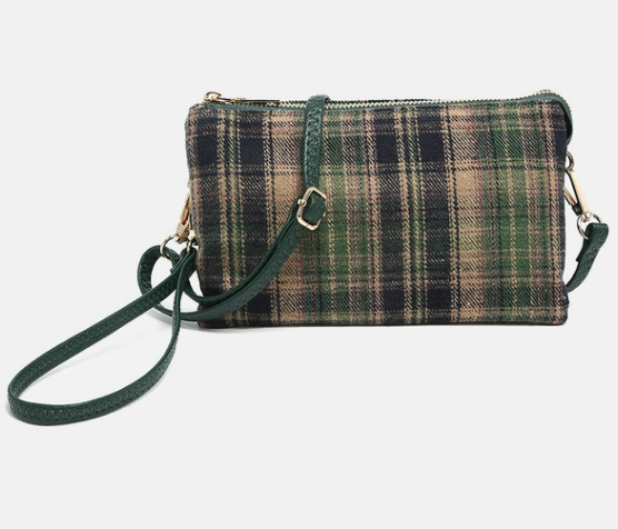 Riley Olive Plaid 3 Compartment Crossbody/Wristlet