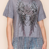 Vocal Apparel Winged Rhinestone Fringe Top