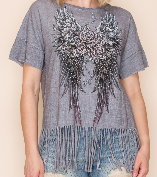 Vocal Apparel Winged Rhinestone Fringe Top