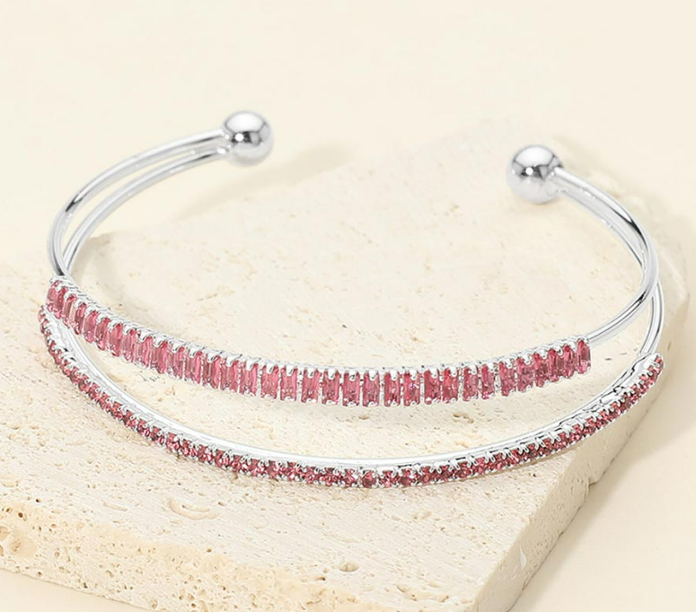 Rose Emerald Round Cut CZ Row Open Evening Cuff Bracelet