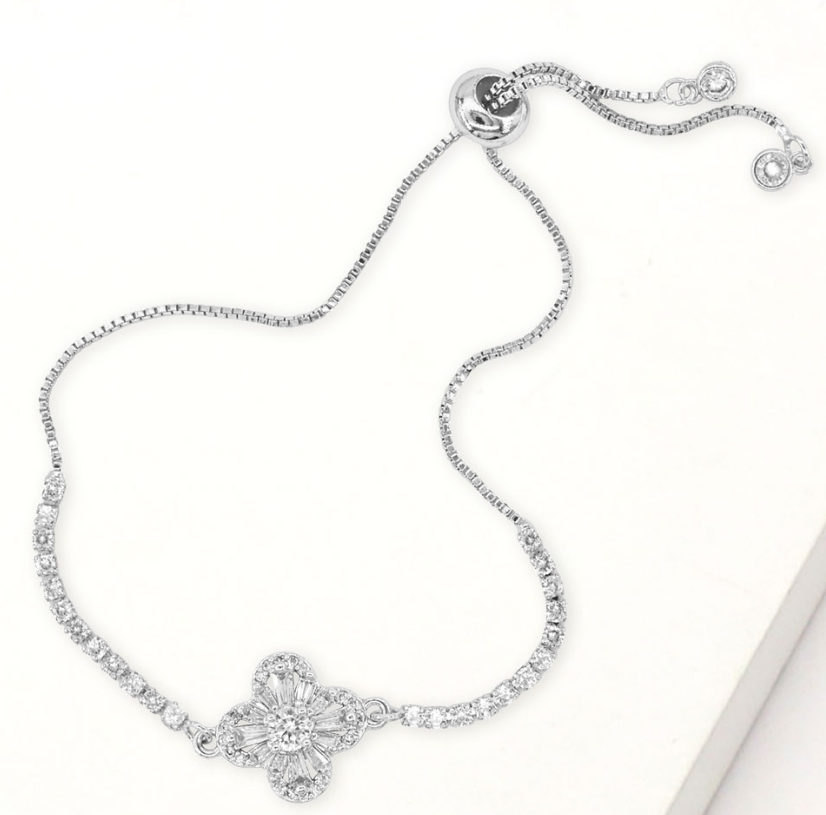 Silver Quatrefoil CZ Stone Accent Pull Tie Adjustable Bracelet