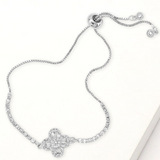 Silver Quatrefoil CZ Stone Accent Pull Tie Adjustable Bracelet