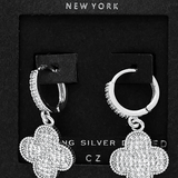 Sterling Silver Dipped CZ Stone Paved Quatrefoil Dangle Huggie Hoop Earrings