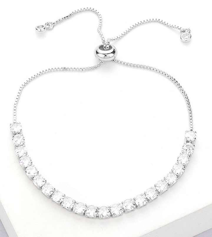 Silver Stainless Steel Round CZ Stone Tennis Chain Pull Tie Adjustable Bracelet