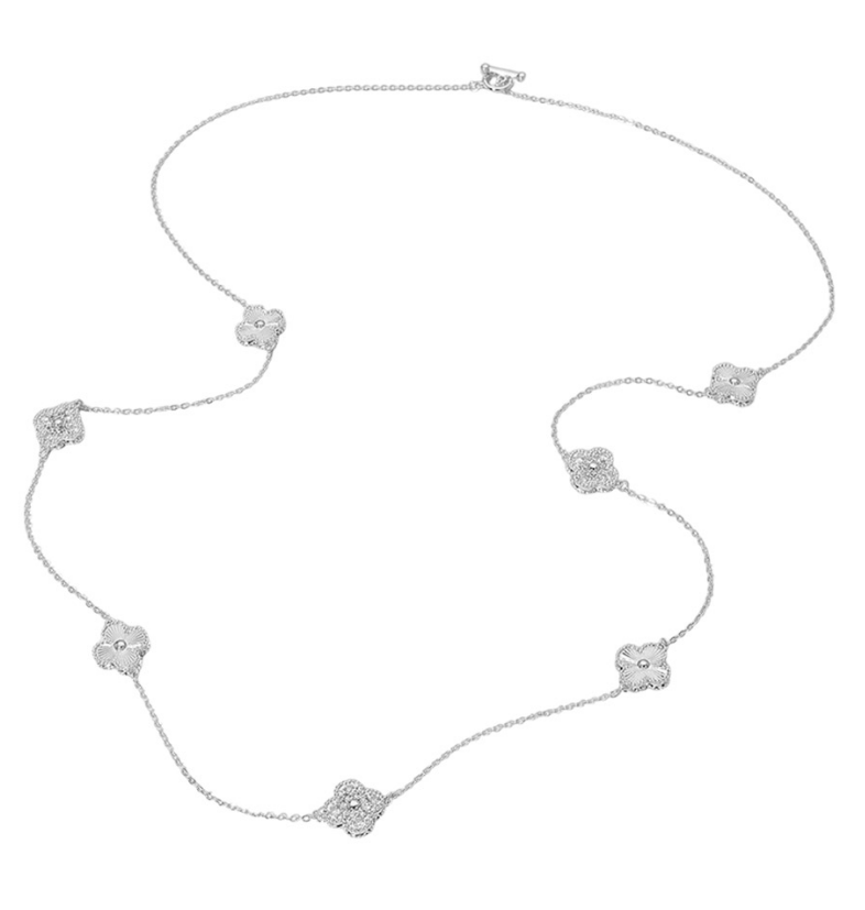 CZ Pave Quatrefoil Station Long Necklace Gold or Silver