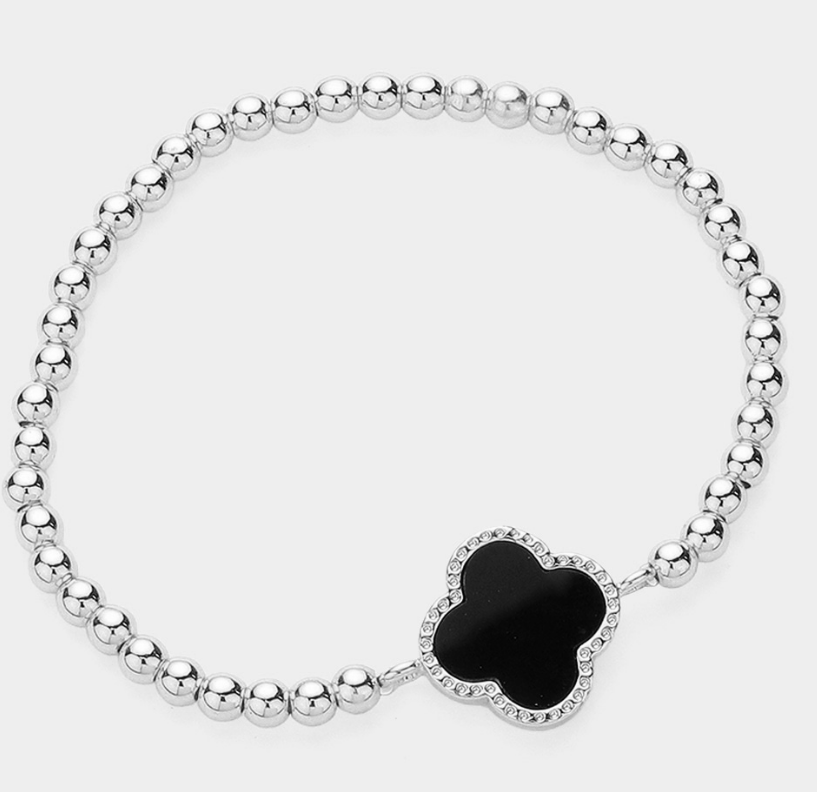 Black & Silver Quatrefoil Pointed Stainless Steel Ball Beaded Stretch Bracelet (Copy)