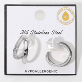 Silver Stainless Steel Rhinestone Pave Double Layered Hoop Earrings