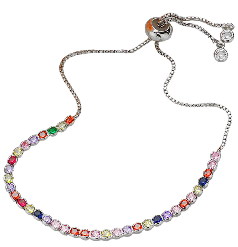 Silver Multi-Color Round CZ Stone Bezel Adjustable Pull Tie Bracelet