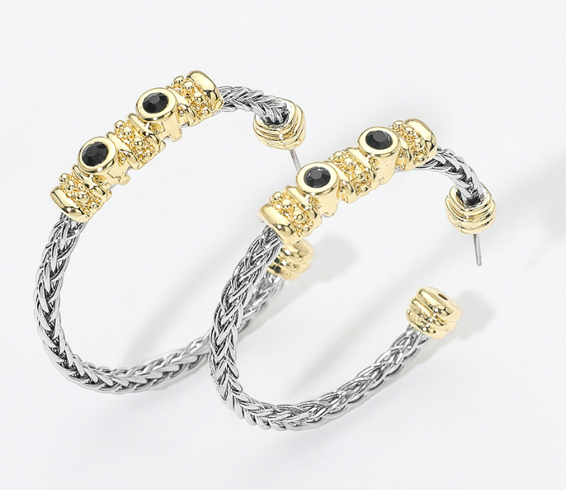 14K Gold Plated Two Tone CZ Accent Braided Hoop Earrings