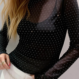 Rhinestones Mesh Long Sleeves Layering Top