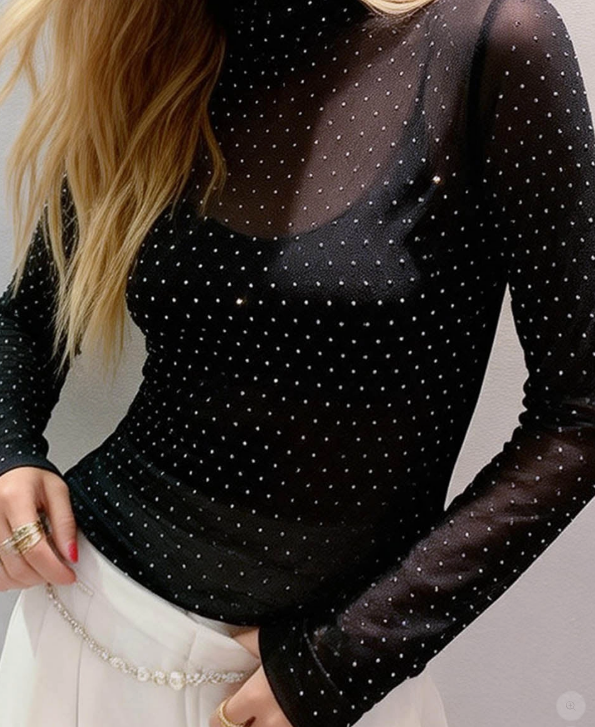 Rhinestones Mesh Long Sleeves Layering Top