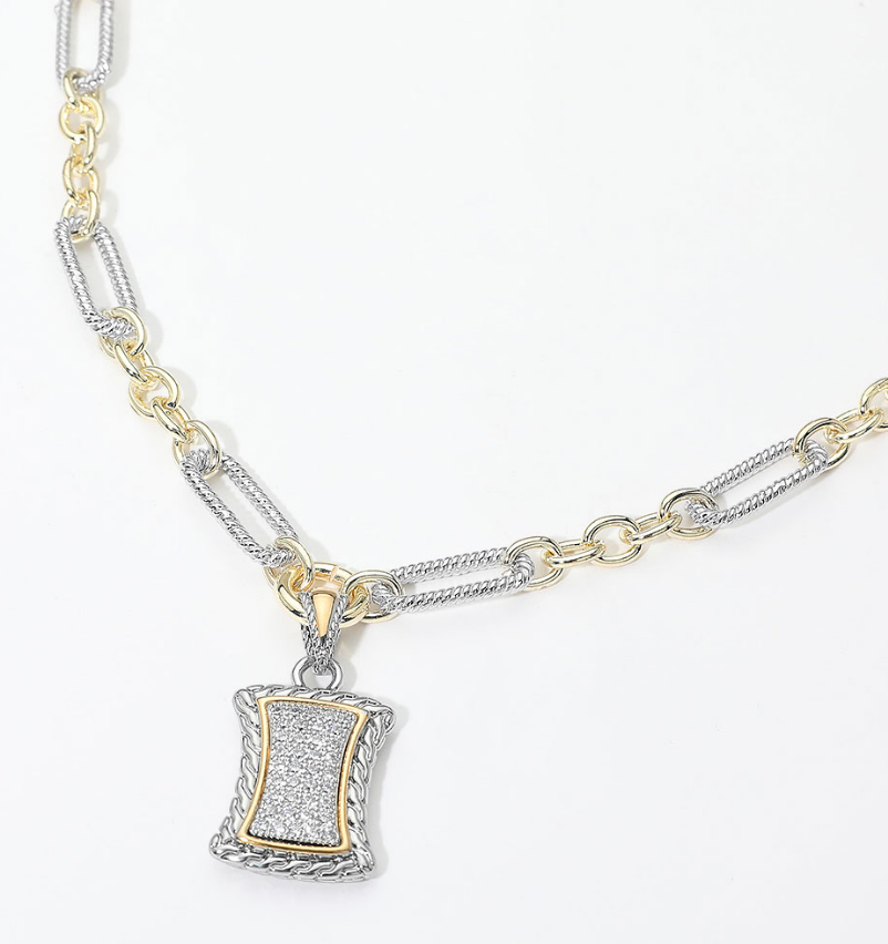 Rectangular 14K Gold Plated Two Tone CZ Pave Frame Pendant Necklace