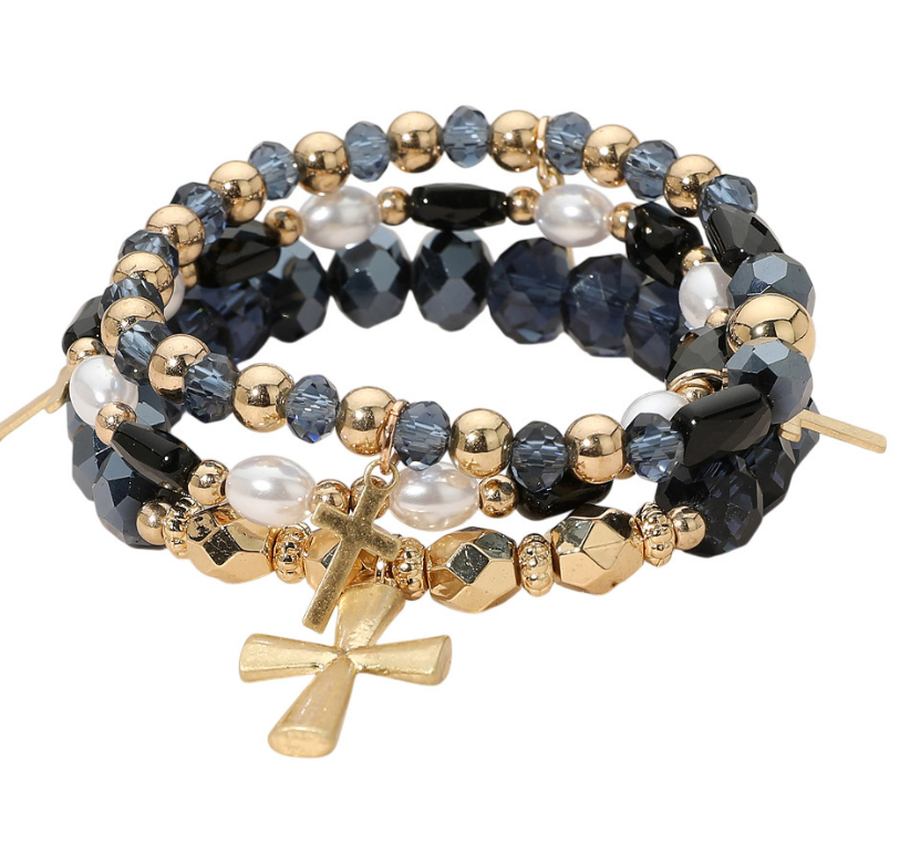 Black & Gold 3-Piece Cross Charm Pearl Faceted Beaded Stretch Multi Layered Bracelets