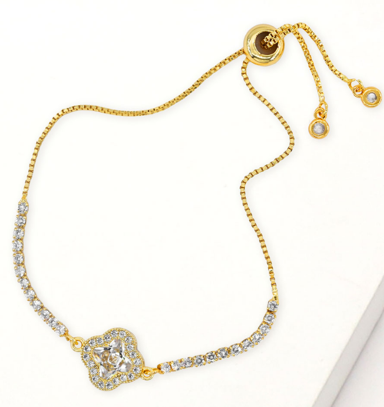 Gold Quatrefoil CZ Stone Accent Pull Tie Adjustable Bracelet