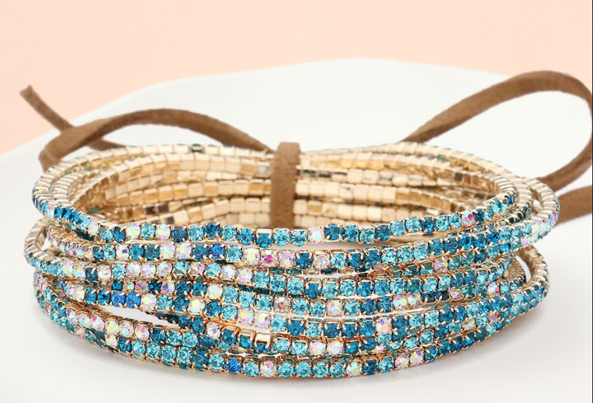 Teal & Gold Ribbon Colorful Rhinestone Layered  Stretch Bracelets