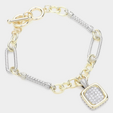14K Gold Plated Two Tone CZ Stone Paved Square Charm Toggle Bracelet