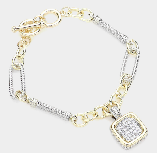 14K Gold Plated Two Tone CZ Stone Paved Square Charm Toggle Bracelet