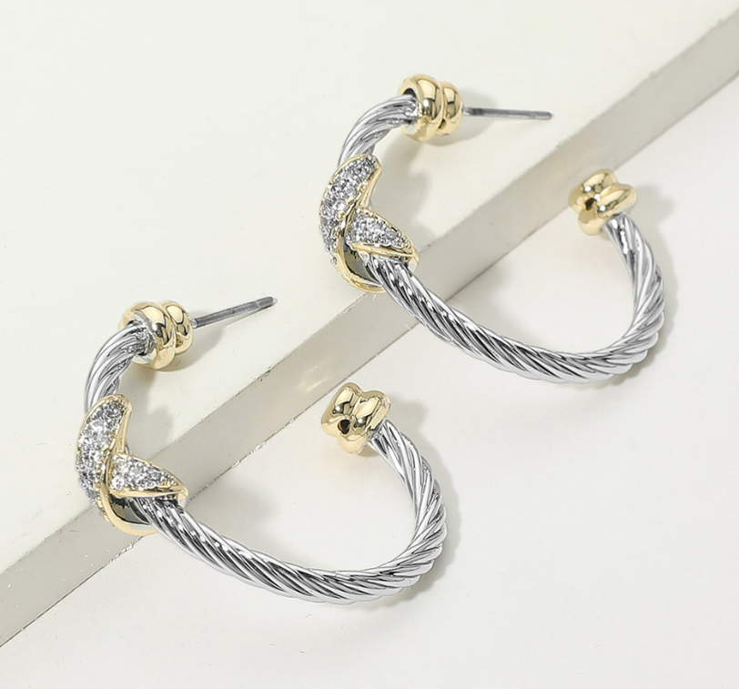 14K Gold Plate CZ Pave Crisscross Accent Twisted Cable Hoop Earrings