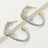 14K Gold Plate CZ Pave Crisscross Accent Twisted Cable Hoop Earrings