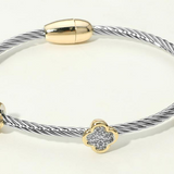 14K Gold Plated Two Tone CZ Pave Quatrefoil Bezel Station Twisted Cable Magnetic Bracelet
