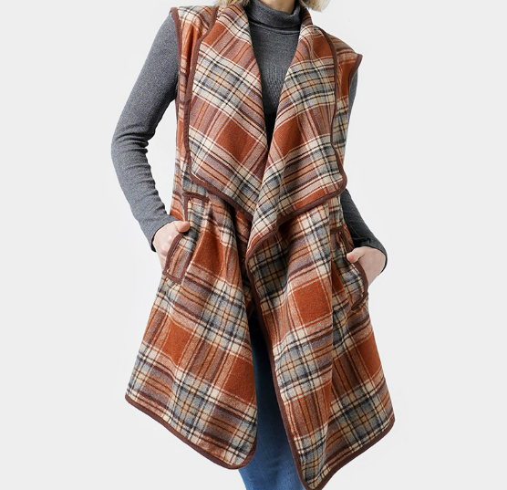 Brown Plaid Check Vest With Pocket