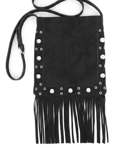 Vintage Black Studded Faux Suede Fringe Western Crossbody Bag