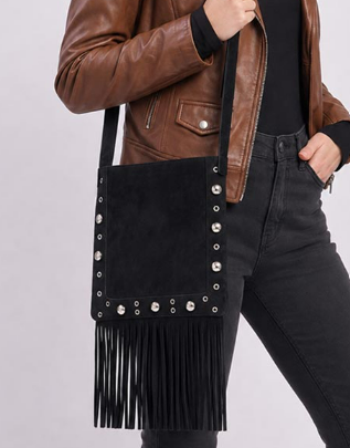 Vintage Black Studded Faux Suede Fringe Western Crossbody Bag