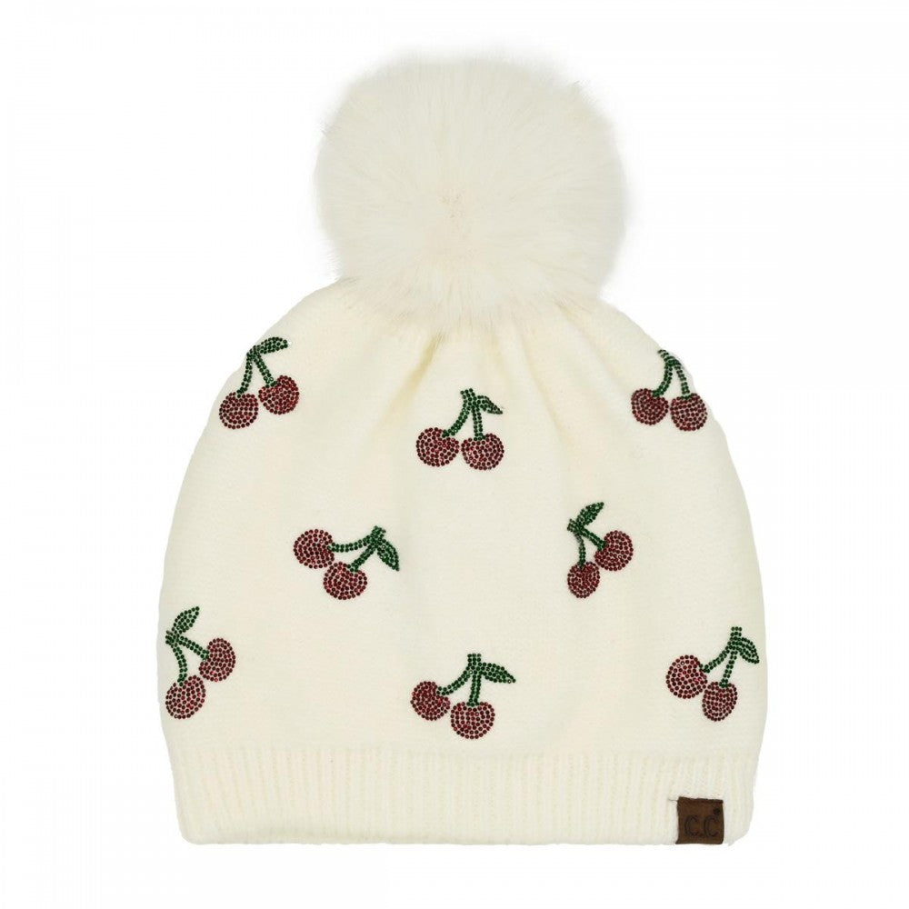 Cherry Rhinestone Pompom Beanie
