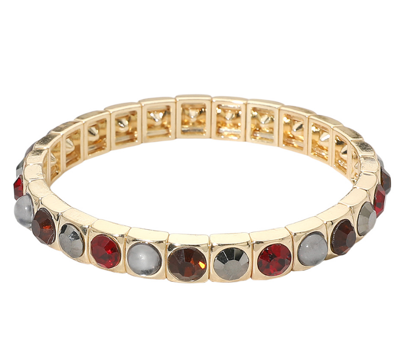 Wine Round Faceted Gem Panel Beaded Stretch Bracelet